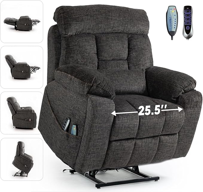 Lazy Boy Recliner Chair with Heated and Massage, 4 Motor Headrest, Lumbar Independent Adjustment Power Lift Recliner with Hidden Cup Holder、Side Pocket、Back Pillow
