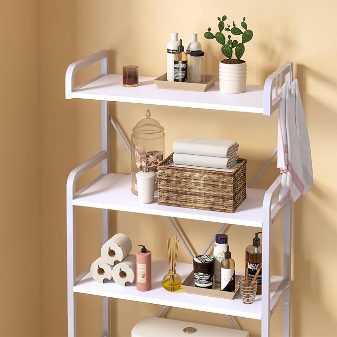 Over The Toilet Storage Rack with 3-Tier Bathroom Shelves, Space Saver Toilet Shelf, Bathroom Storage Organizer with Hooks for Over Toilet Storage and Shelf (White)
