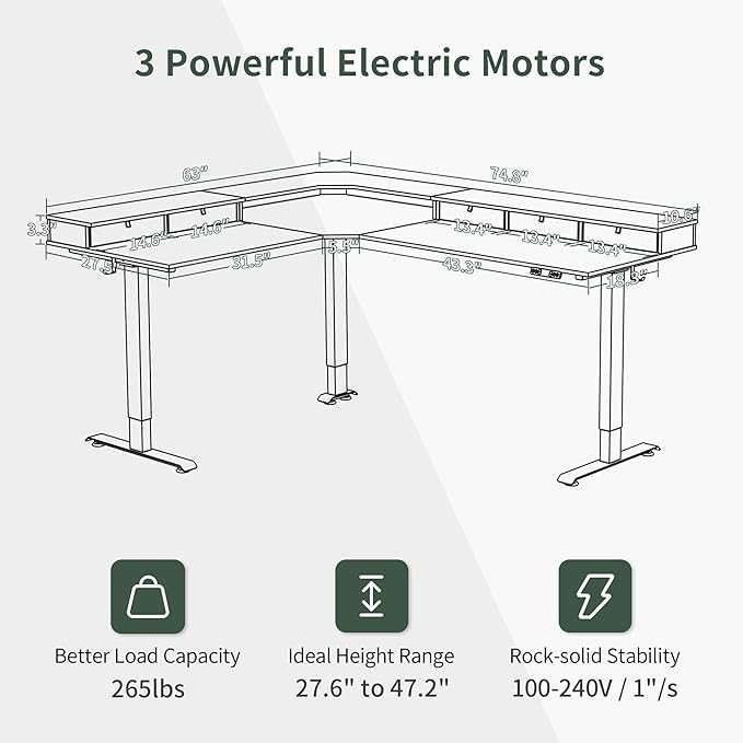 FEZIBO 75", 265lbs Load Capacity, L Shaped Standing Desk with Drawers, Reversible Electric Standing Gaming Desk Adjustable Height, Corner Stand up Desk with Splice Board, Black Frame/Black Top