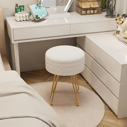 VECELO Round Vevlet Vanity Stool with Storage, 4 Metal Legs Vanity Seat with Anti-Slip Feet, Modern Vanity Chairs Footrest Furry Padded Seat, Space Saving, Easy to Clean for Makeup, Bedroom, White