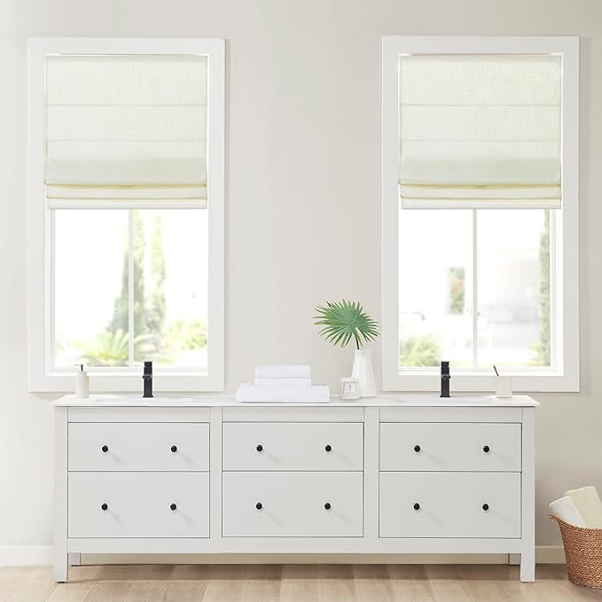 Madison Park Kyler Cordless Roman Shades - Single Panel, Lightweight Linen Blend Fabric, Natural Design, Easy Installation, Light Filtering Window Blind, Bedroom, Living Room Decor 31"W x 64"L Ivory