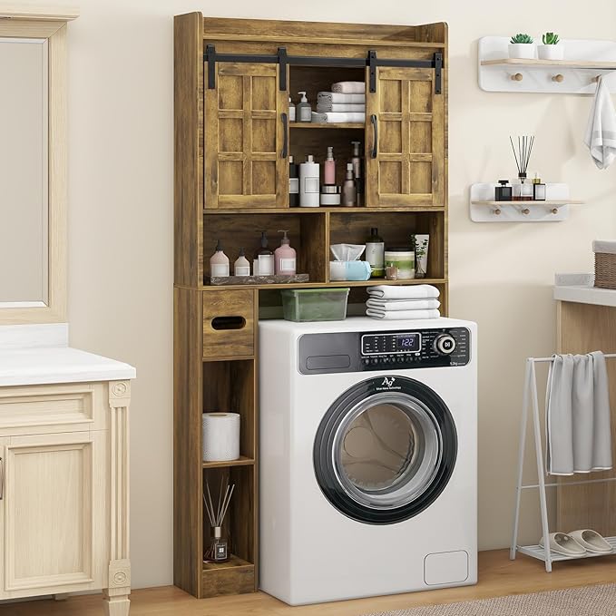 Over The Toilet Storage Cabinet, Farmhouse Storage Cabinet Over Toilet with Sliding Doors,Home Space-Saving Toilet Rack, for Bathroom, Restroom, Laundry. Brown