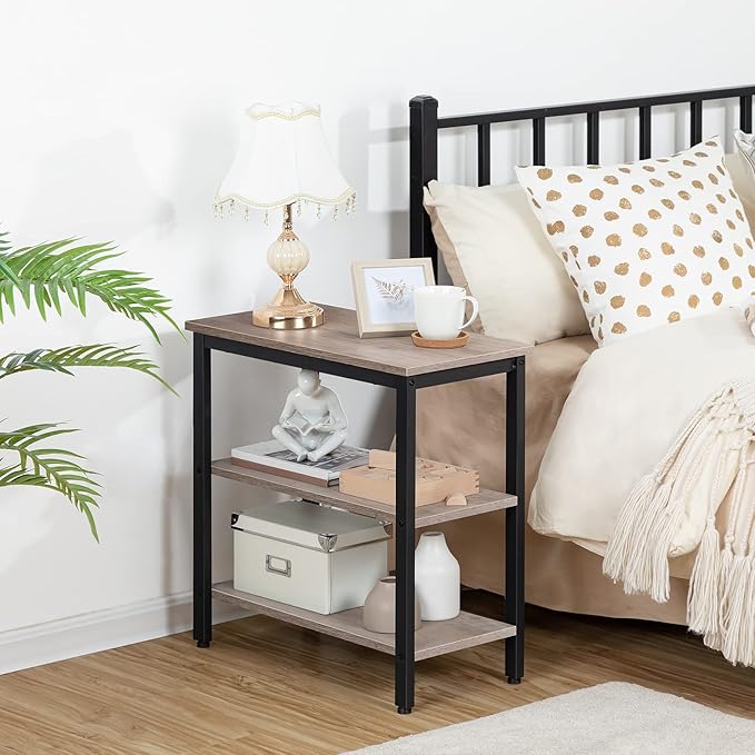 HOOBRO End Table, Simple Rustic Side Table with 3-Tier Storage Shelf, Narrow Nightstand for Small Spaces, Easy Assembly, for Living Room, Bedroom, Metal, Industrial Design, Greige and Black BG14BZ01