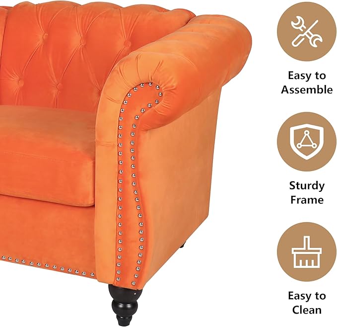 Chesterfield Loveseat Sofa, Modern Velvet Small Sofa Couch 2 Seater with Rolled Arms and Nailhead, Mid Century Modern Loveseat Couch for Small Spaces Living Room Bedroom Apartment, Orange