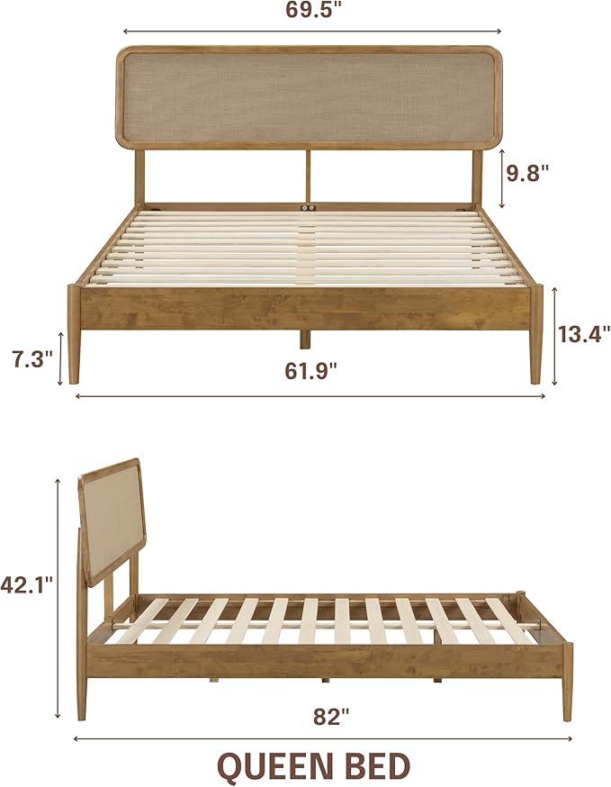 NTC Lupin Wooden Bed Frame with Headboard, Solid Oak and Rubber Wood Foundation with Silent Slats and Wood Central Supports, 1000 Lb Capacity, Queen - Teak Look