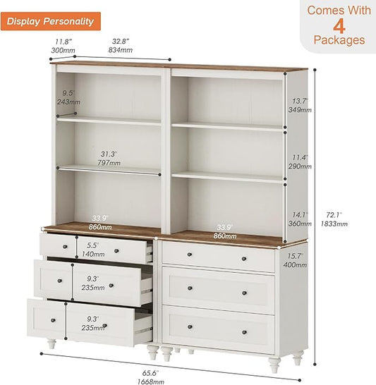 3 Tier Bookshelf with 3 Drawers, 72" Tall Bookcase Large Farmhouse Display Book Case Shelf with 3-Tier Open Book Shelfs,Library Wood Bookshelves for Living Room & Kitchen & Bedroom, Off White, 2 PCS