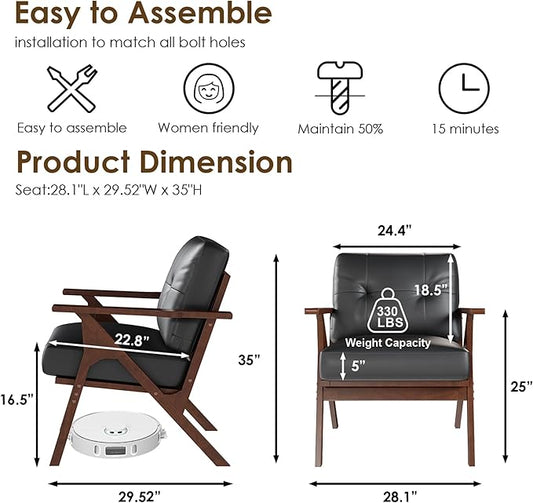 STHOUYN Black Leather Office Accent Chair Set of 2, Office Lounge Chair with Wooden Arms, Mid Century Modern Chair, Side Arm Chairs for Living Room, Comfy Guest Waiting Room Chairs (2, Black)