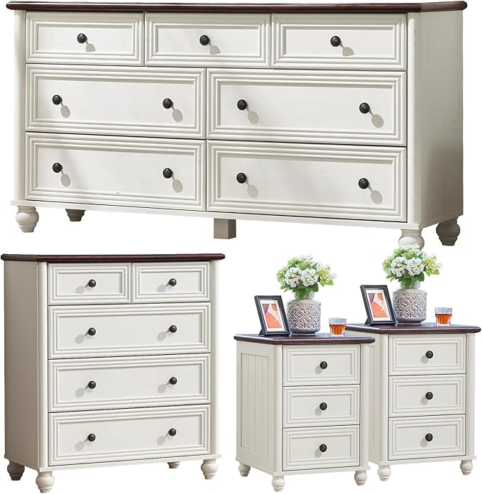 Farmhouse Dressers & Night Stand Set of 4, Wood 54" Wide 7 Drawer Dresser & 35" Tall Chest of Drawers, 18" Roman Column Nightstand Set of 2, Bedroom Furniture Dresser Sets for Home Living Room Hallway