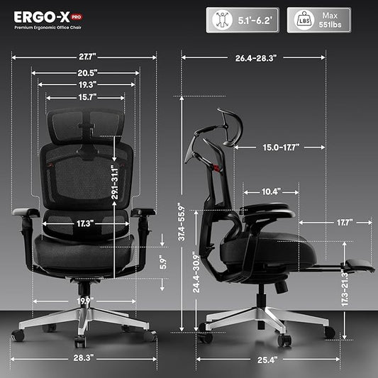 FLEXISPOT ErgoX-PRO Ergonomic Office Chair with Footrest Black – Cloudtech Cushion, 5D Lumbar, 7D Armrests, 4D Headrest, 551LBS Capacity – Office, Gaming, Home