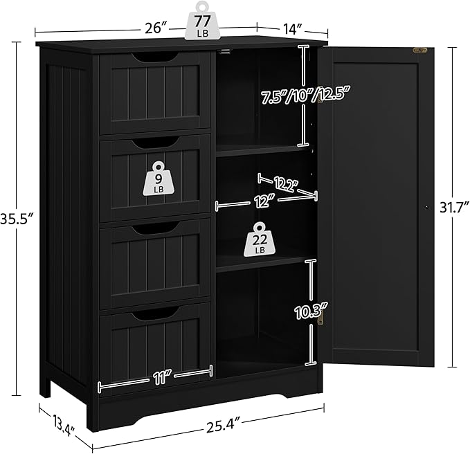 Yaheetech Wooden Storage Cabinet, Bathroom Storage Organizer with 4 Drawers & 1 Cupboard, Freestanding Cabinet Table for Bathroom, Entrance Area, Kitchen, Black
