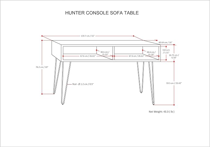 SIMPLIHOME Hunter Console Table - 55 Inch Wide Solid Mango Wood and Metal Sofa Table in Natural, Industrial Storage Table for Entryway or Living Room with 2 Open Cubbies and Black Hairpin Legs