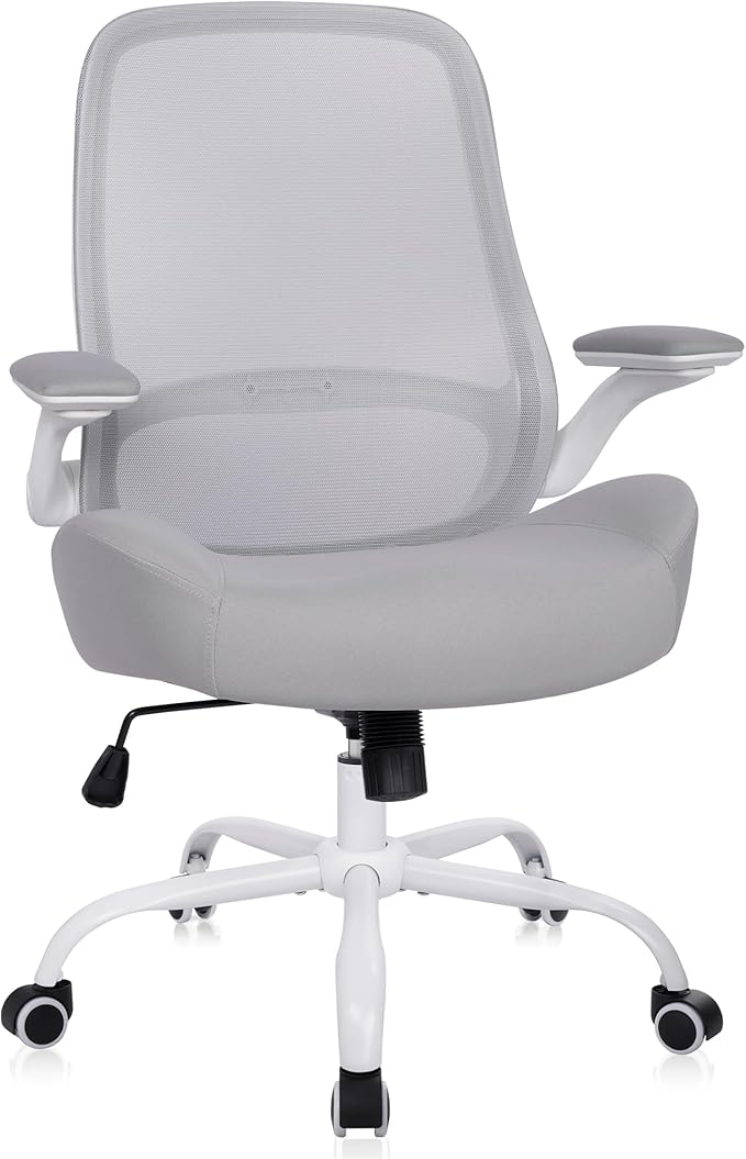 HYLONE Heavy Duty Office Chair, 5" Thickened Seat Ergonomic Desk Chair with Adjustable Armrests, Home Office Computer Chairs for Long Hours Mesh Executive Chair(White Base & Grey)