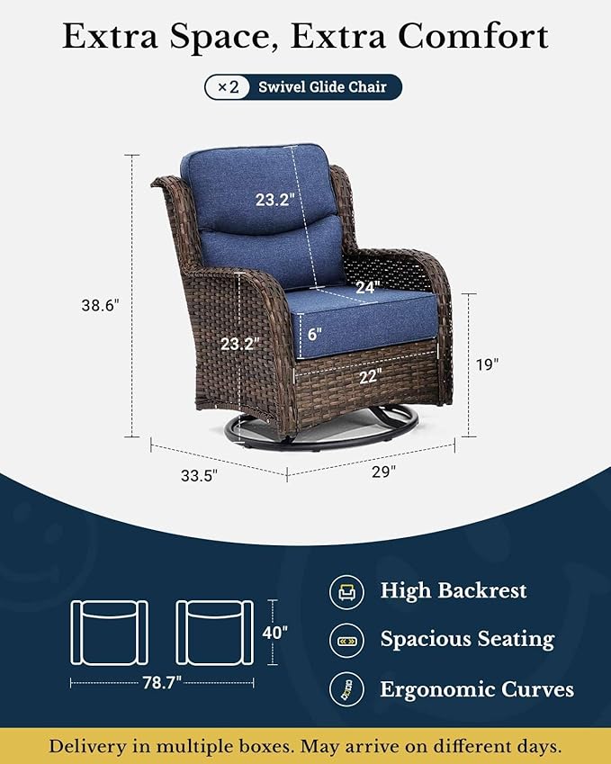 HILLGA Luxury Patio Furniture Set with 6-Inch Thick Cushions, High Back Outdoor Swivel Rocker Chairs, 2-Piece All Weather Conversation Set for Porch Deck Balcony Yard, Blue (V3)