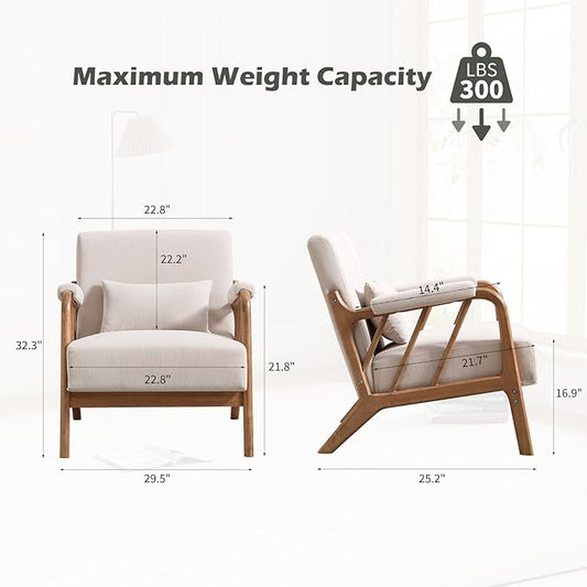Mid Century Modern Accent Chair with Solid Wood Frame, Upholstered Living Room Chairs with Lumbar Cushion Padded Arms, Reading Armchair for Bedroom (1, Beige)