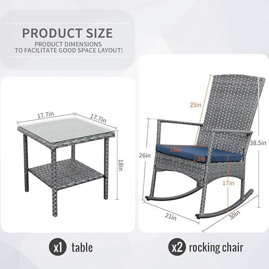 Rocking Chair Outdoor 3 Pieces High-Backed Patio Rocking Chairs Bistro Table and Chairs Set of 2, Navy Blue