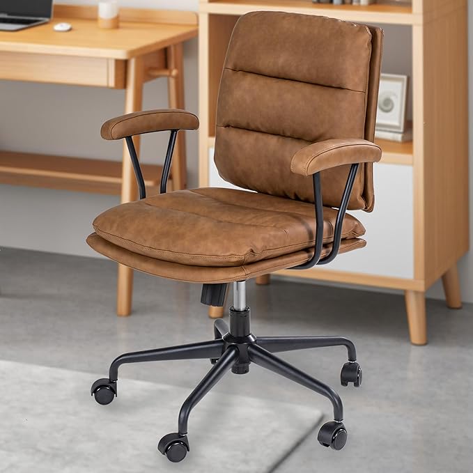 Brown Office Desk Chair, PU Leather Chair with Lumbar Support, Removable Armrests, Comfortable Adjustable Swivel Task Chair for Home, Office, Small Space,Dresser, Bedroom