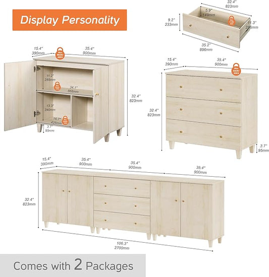 WAMPAT Sideboards Buffet Cabinet, 3-in-1 Wood Wide Credenza Storage Cabinet with Doors and Drawers, Modern Kitchen Coffee Bar Table with Storage for Living Room Dining Room, Natural Oak