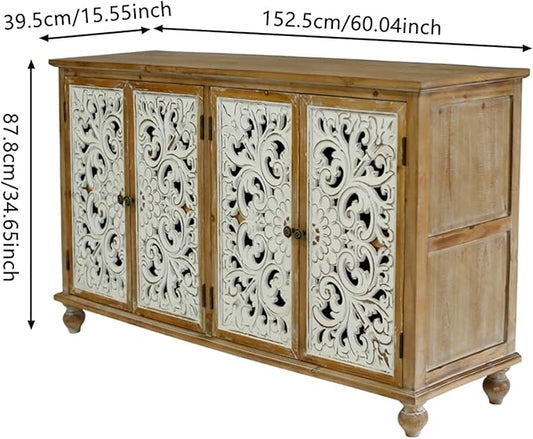 Accent Cabinet with 4 Doors, Hollow Carved Storage Sideboard, Wood Buffet Cabinet for Living Room, Dining Room, Entryway (4-Door 2 Compartment)