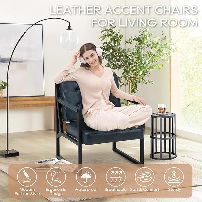 COLAMY Accent Chairs Set of 2, Modern Accent Arm Chairs for Living Room, Comfy Leather Armchairs with Metal Legs for Bedroom Reception Room, Blue