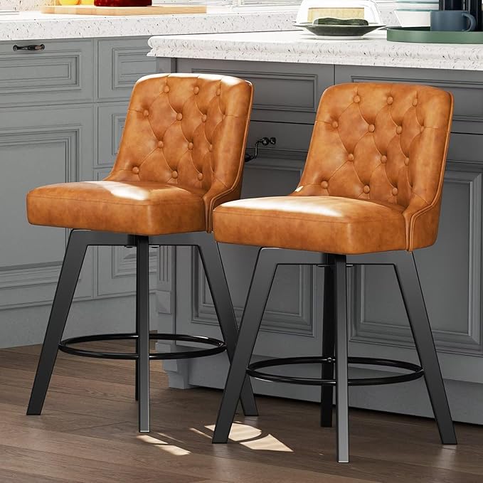 MINCETA Bar Stools Set of 2, PU Leather Barstools, 26 Inch Upholstered Counter Stools with Low Tufted Back and Footrest, Swivel Counter Height Barstools for Kitchen Island Home Bar Brown