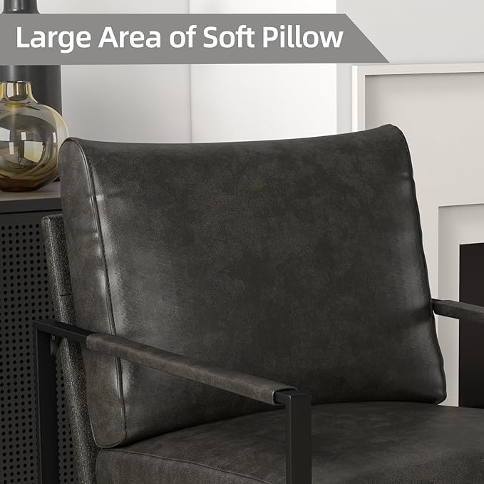 INZOY Leather Accent Chair with Metal Frame, Comfy Living Room Chair with Plump Backrest and Cushion, Mid Century Modern Chair with Sturdy Structure, Easy to Clean, Dark Grey
