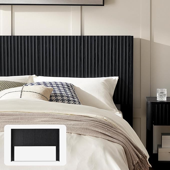mopio Brooklyn 62.4" Headboard Only, Wood Headboard, Modern Farmhouse, Boho, Wall Mount, Fluted Panel, Wingback Design (Black Oak, Queen)