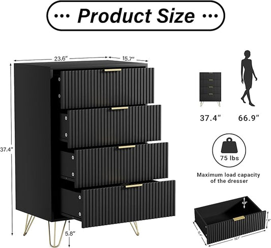 Black Dresser for Bedroom, Modern Wide Dresser with Gold Pulls and 4 Drawers for Bedroom, Closets, 15.7" D x 23.6" W x 37.4" H
