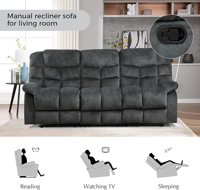 CANMOV Manual Reclining Sofa, 3 Seat Recliner Sofa with Armrest and Overstuffed Backrest, Couch Set for Living Room, Bedroom, Office, Grey