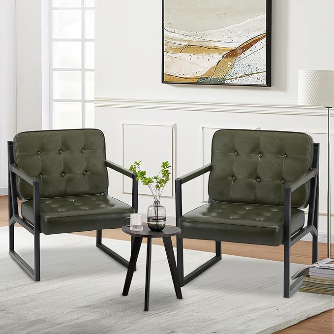COLAMY Modern Accent Chair, Accent Arm Chair for Living Room, Comfy Leather Armchair with Metal Legs for Bedroom Reception Waiting Room, Green