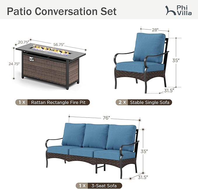 Patio Furniture Set with 56" Fire Pit Table, Premium Outdoor Wicker Metal Frame Furniture with Upgraded Waterproof Thick Cushions for Porch, Poolside, Deck, and Yard (4 Pieces,Navy