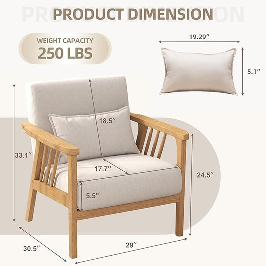 Mid-Century Modern Accent Chair, Linen Armchair and Lounge Chair with Lumbar Pillow, Wide Seat & Solid Wood Frame for Living Room, Bedroom or Balcony(Beige)