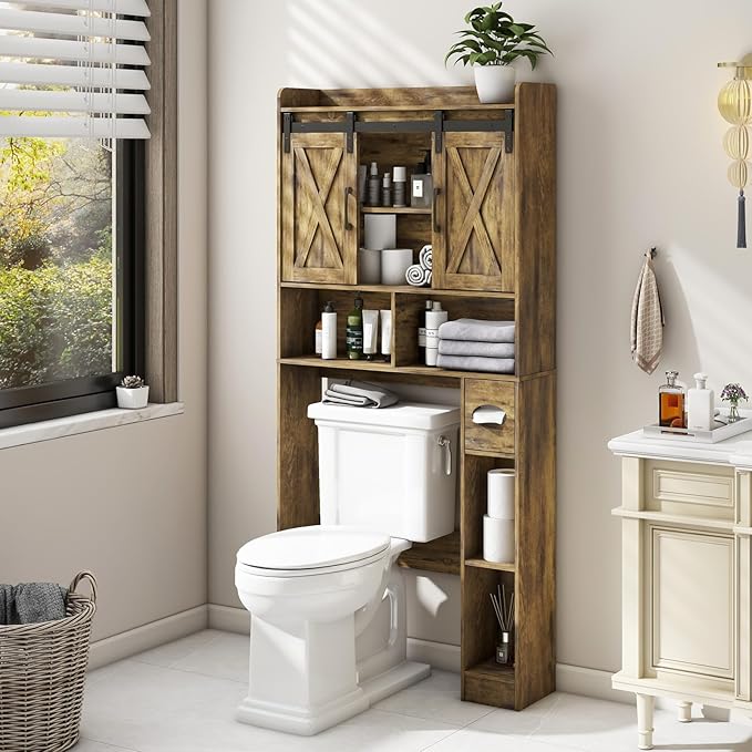 Vabches Over The Toilet Storage Cabinet, Farmhouse Storage Cabinet Over Toilet with Sliding Doors & Toilet Paper Holder Stand,Home Space-Saving Toilet Rack, for Bathroom, Restroom, Laundry