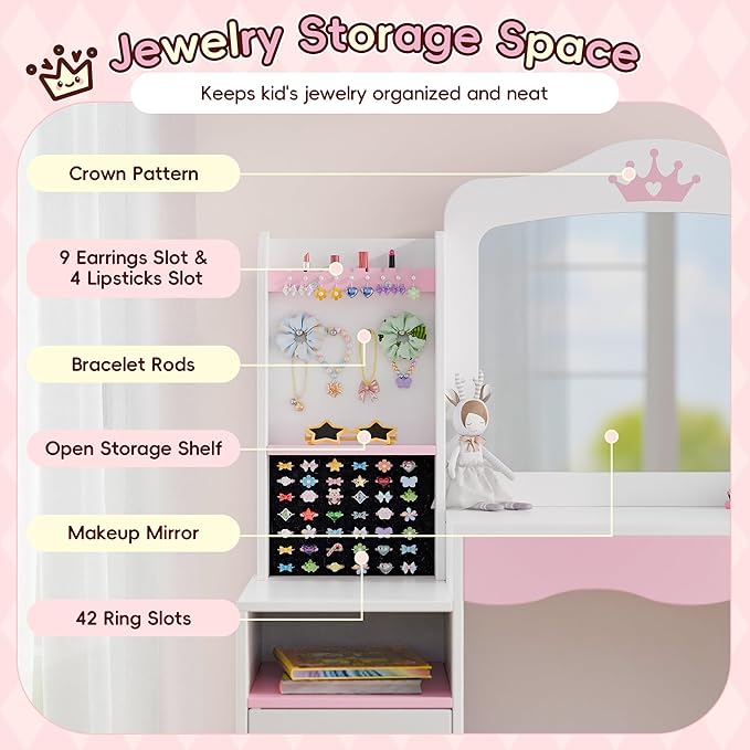 Kids Vanity, Girl Vanity Set with Storage Cabinet & Open Shelf, 2 In 1 Kids Vanity Table and Chair Set with Jewelry Storage, Princess Toddler Makeup Vanity with Mirror for Little Girls (White)