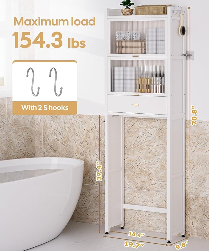 Over The Toilet Storage Shelf with Drawer, Above Bamboo Bathroom Organizer Cabinet with Anti-Tip and Waterproof Feet Pad Design, Freestanding Shelf for Bathroom (White)