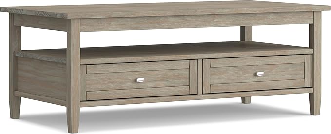 SIMPLIHOME Warm Shaker Coffee Table - 48 inch Wide Solid Wood Cocktail Table in Distressed Grey, Transitional Living Room Table with 2 Storage Drawers and Open Shelf for Sitting Area or Lounge