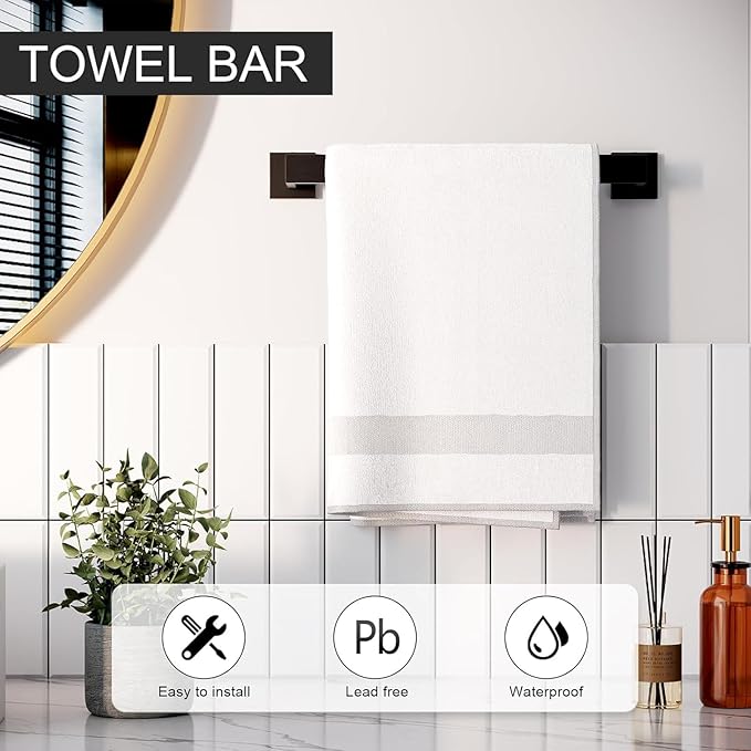 16 in Matte Black Bathroom Accessories Set, Bath Towel Bar Set, Stainless Steel Bathroom Hardware Set, Towel Racks for Bathroom Wall Mounted 5 Pcs (Black)