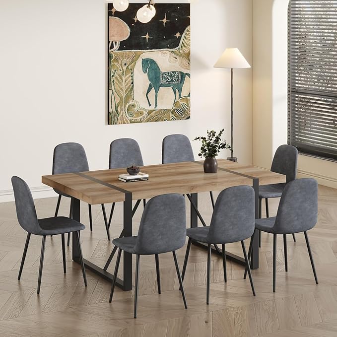 Dining Table Set for 8,9 Piece Dining Table Set,71'' Kitchen Table and Suede Nap Fabic Chairs Set of 8,for Kitchen Dining Room
