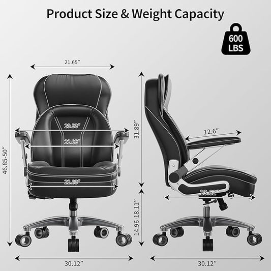 Big and Tall Office Chair, 600lbs Heavy Duty Desk Chair with 5D Arms, Adjustable Lumbar Support & Height, Tilt Function, PU Leather High Back Ergonomic Executive Computer Chair with 3'' Silent Casters