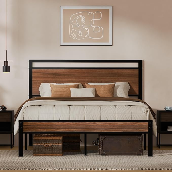 Z-hom Queen Bed Frame with Modern Wood Headboard & Footboard, Upgraded Heavy Duty Metal Sturdy Bed Frame Queen Size, Stable Platform Bed Furniture Bed Storage, No Noise, No Box Springs,Walnut