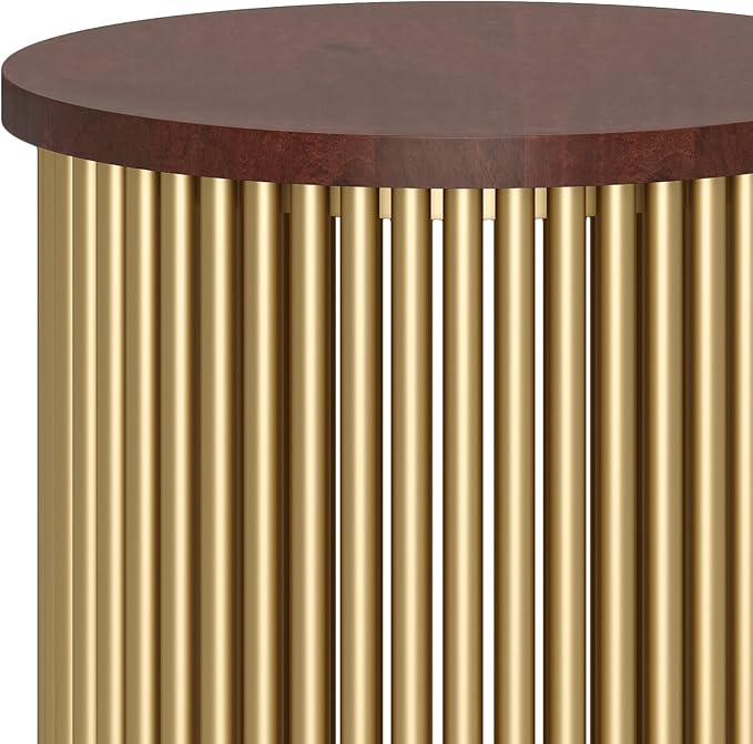 SIMPLIHOME Demy 18-inch Wide Metal and Solid Mango Accent Table in Cognac/Gold, Round Side Table with Mango Wood Top for Living Room or Bedroom, Industrial Style, Assembled