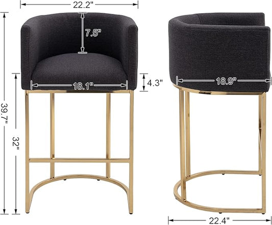 Contemporary Charcoal Linen Bar Stools Set of 3, 32" Upholstered Fabric Counter Height Barstool Kitchen Counter Island Stools with Golden Metal Base