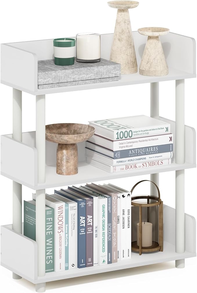 Furinno Turn-N-Tube 3-Tier Display Shelf, Storage Shelves, Book Shelf, Open Shelves with Rounded Corner Top Edges, for Organization and Storage, Living Room, Home Office, White