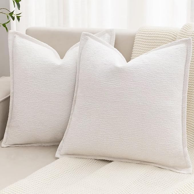 Cream White Decorative Throw Pillow Covers 20x20 Inch Set of 2 Cozy Soild Chenille Cushion Cases Soft Textured Square Couch Pillows Cover Boho Accent Farmhouse Pillowcases for Sofa Bed
