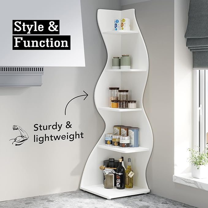 Tribesigns Corner Shelf, Modern 5-Tier Wall Corner Bookshelf Set of Two, Stylish Corner Small Bookcase Storage Rack Plant Stand for Living Room, Home Office, Kitchen, Small Space White, 2PCS