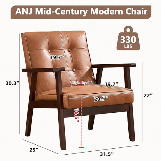 ANJ Mid Century Modern Accent Chair for Living Room, Tufted Faux Leather Armchair, Comfy Retro Bedroom Side Chair with Dark Wood Frame, Orange Brown