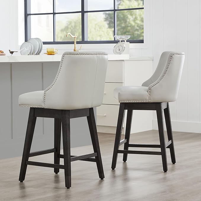 CHITA Counter Height Swivel Bar Stools Set of 2, FSC Certified Upholstered Counter Stools, Modern Swivel Barstools with Wood Legs for Kitchen Island, 26" Seat Height, Faux Leather in Creamy Grey