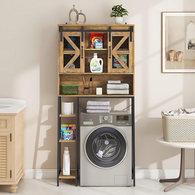 Over The Toilet Storage Cabinet, Farmhouse Storage Cabinet Over Toilet with 2 Sliding Barn Door,Home Space-Saving Toilet Rack, for Bathroom, Restroom, Laundry.(Brown)