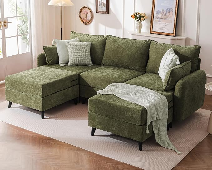 104'' Modular Sectional Sofa with All Seats Storage, Oversized U Shaped Couch for Living Room,3-Seater Comfy Cloud Couches with Movable Ottoman,Big Sectional for Bedroom,Velet,Green
