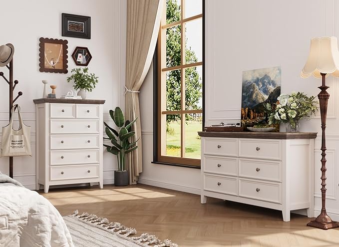 Dresser for Bedroom 6 Drawers Dresser - 47.2" Wide 6 Chest of Drawers Storage Double Cabinet as Bedfoot Organizer & Wardrobe Cabinet(Antique White & Brown)