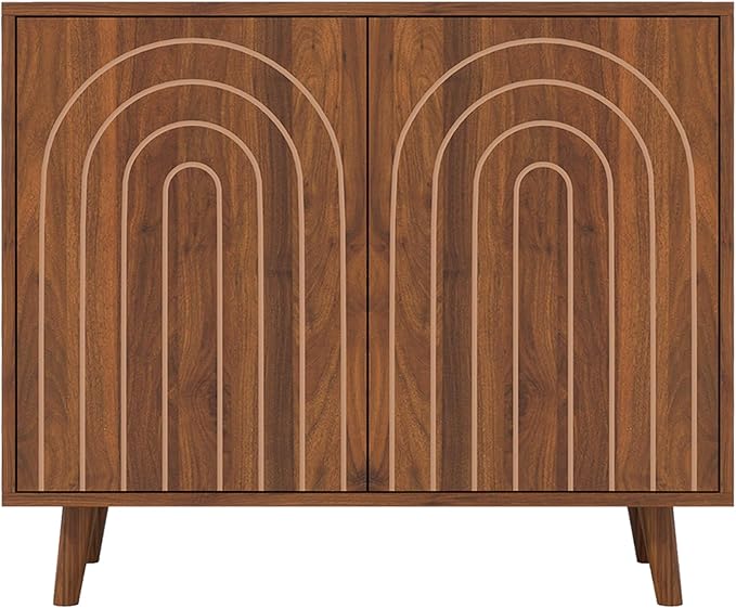 Accent Cabinet with Carving Lines, Modern Buffet Sideboard with Adjustable Shelves, Decorative Storage Cabinets for Bedroom Living Room Kitchen Office and Hallway (Walnut, 1)